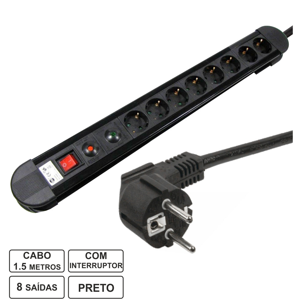 Tomada Elétrica C/ 8 Saídas Interruptor Proteção 1.5M Edh - Tauu.pt