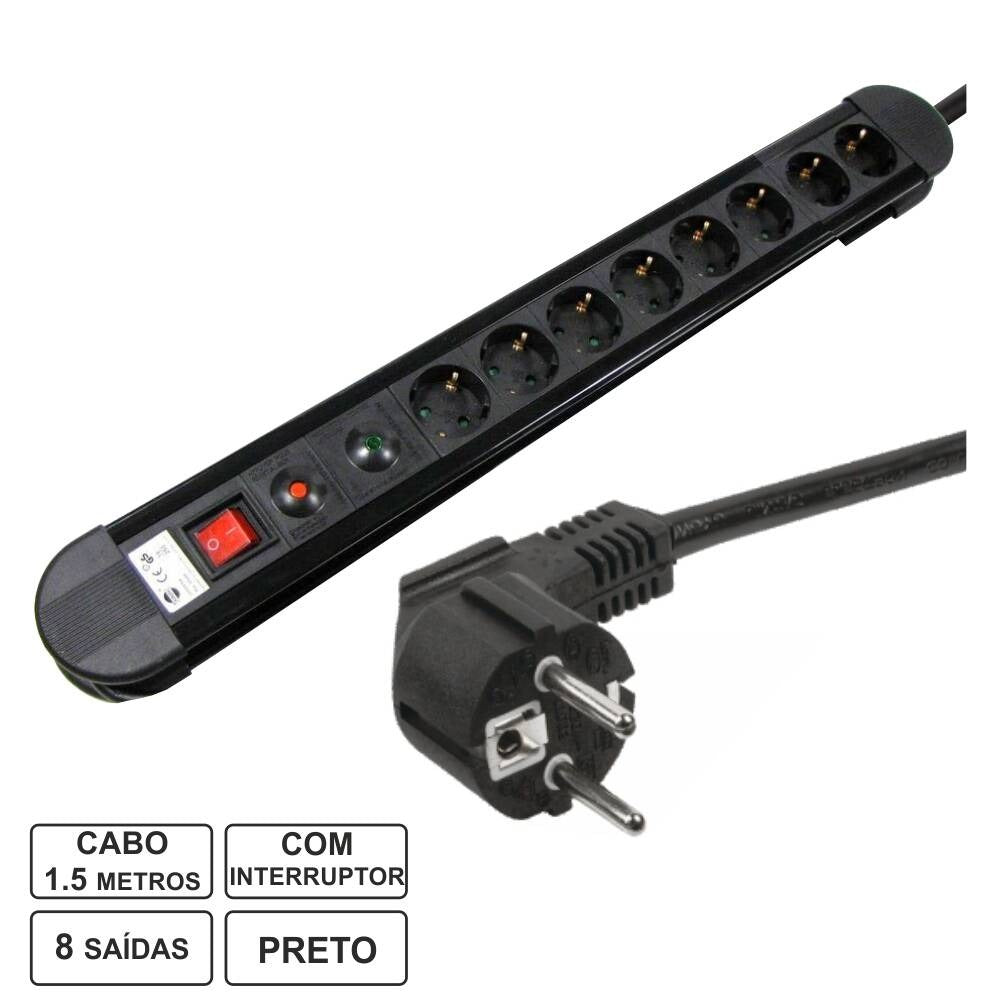 Tomada Elétrica C/ 8 Saídas Interruptor Proteção 1.5M Edh - Tauu.pt