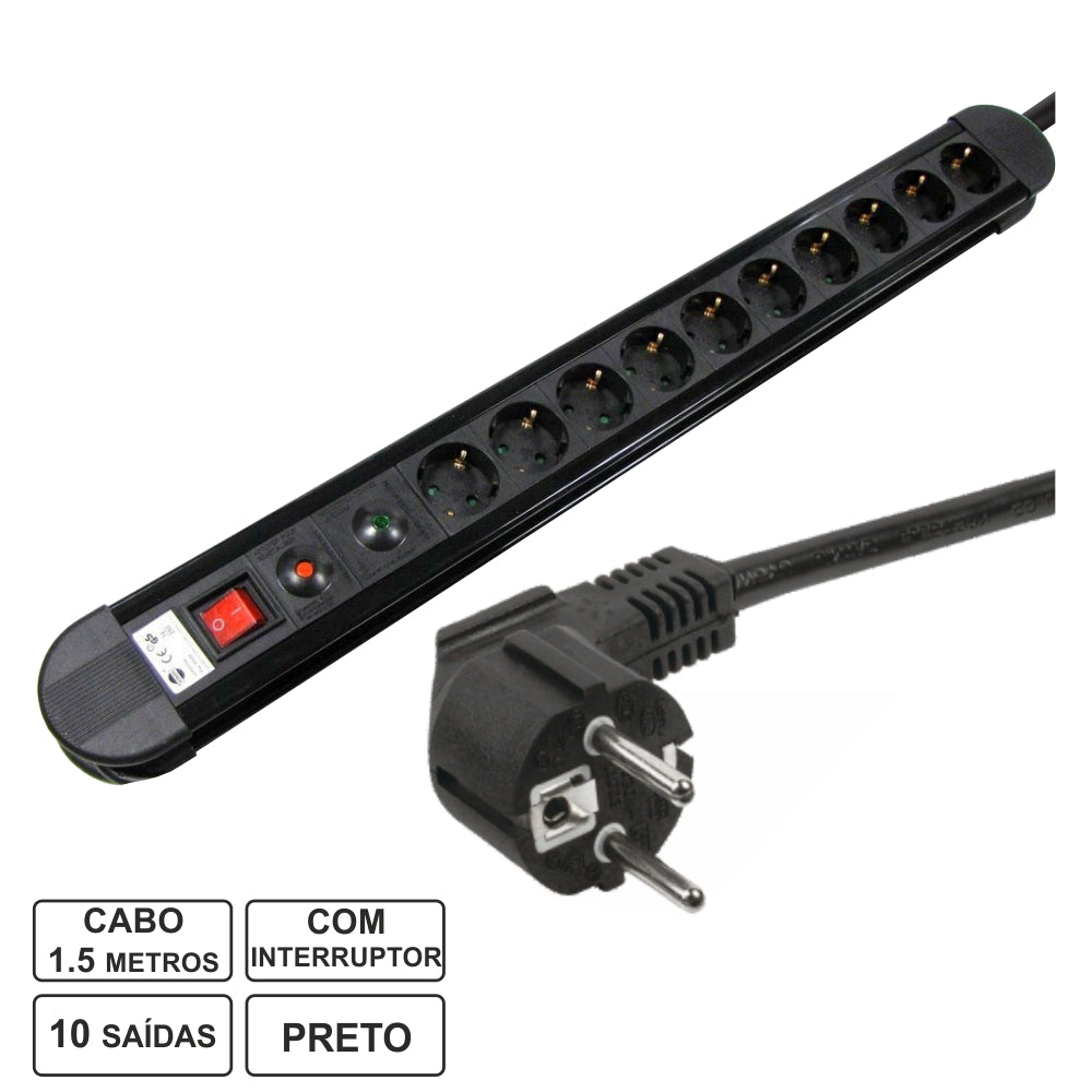 Tomada Elétrica C/ 10 Saídas Interruptor Proteção 1.5M Edh - Tauu.pt