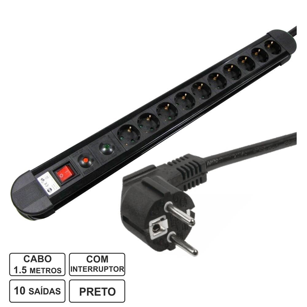 Tomada Elétrica C/ 10 Saídas Interruptor Proteção 1.5M Edh - Tauu.pt