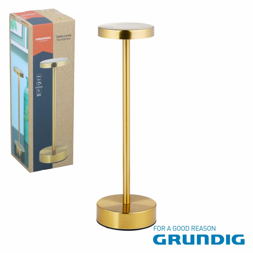 Candeeiro Mesa Led E14 Touch Cabeça Plana Dourada Grundig - Tauu.pt