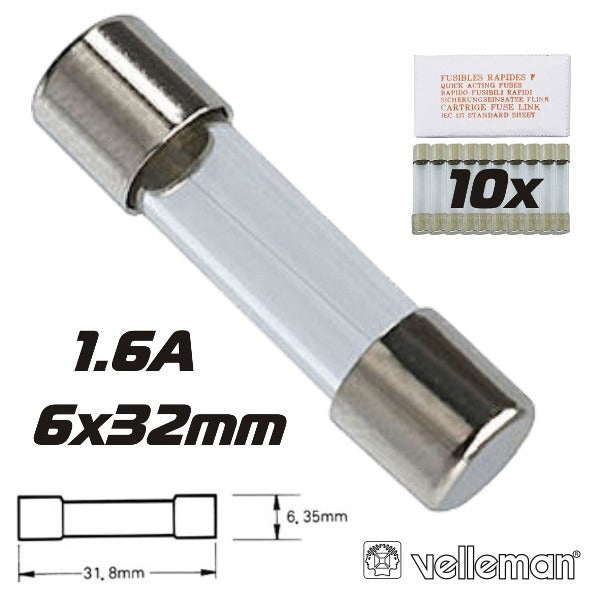 Fusível 6X32 Fusão Rápida 1.6A (10X) Velleman - Tauu.pt