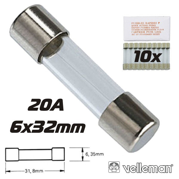 Fusível 6X32 Fusão Rápida 20A (10X) Velleman - Tauu,pt