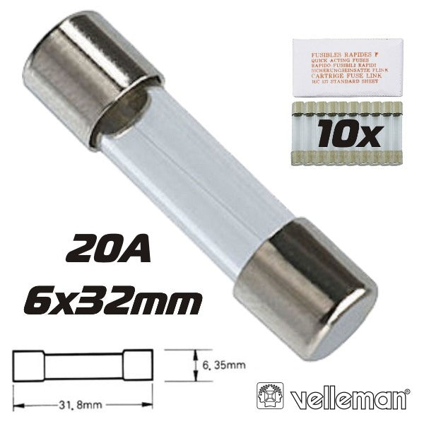Fusível 6X32 Fusão Rápida 20A (10X) Velleman - Tauu.pt