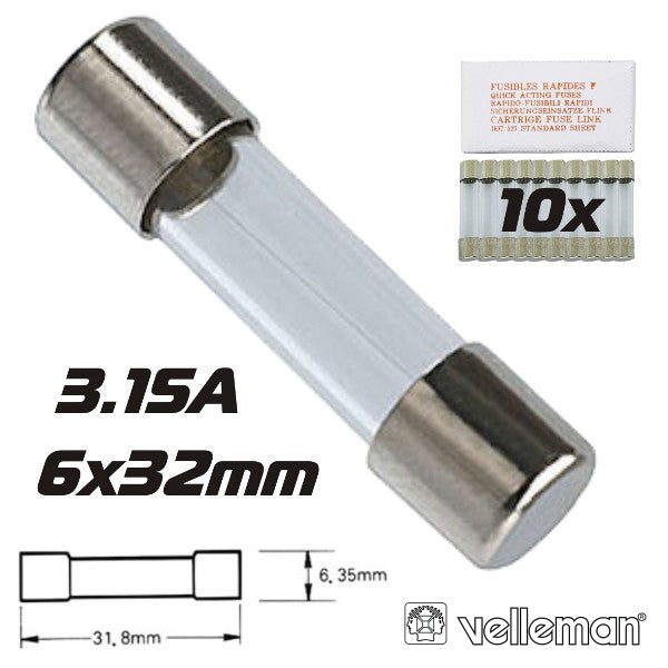 Fusível 6X32 Fusão Rápida 3.15A (10X) Velleman - Tauu.pt