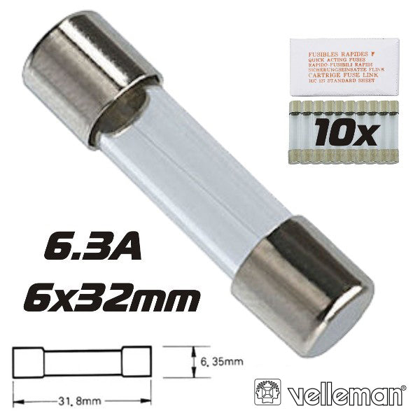 Fusível 6X32 Fusão Rápida 6,3A (10X) Velleman - Tauu,pt