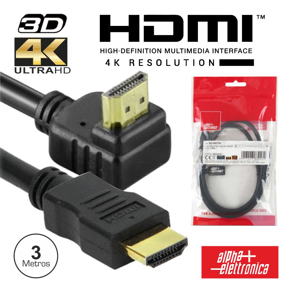 Cabo Hdmi Dourado Macho / Macho 2,0 4K Preto 3M 90º - Tauu,pt