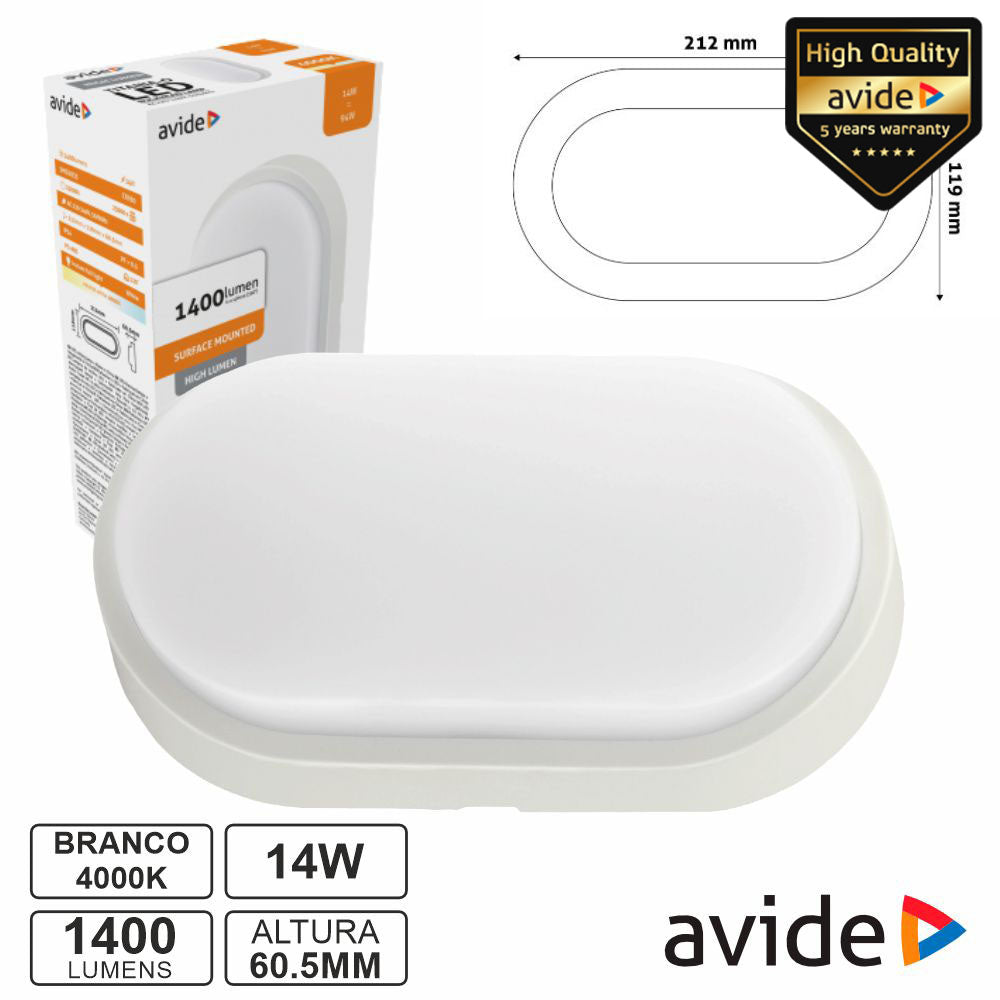 Painel Led Oval Aplique 14W 212Mm 4000K 1400Lm Ip54 Avide - Tauu.pt