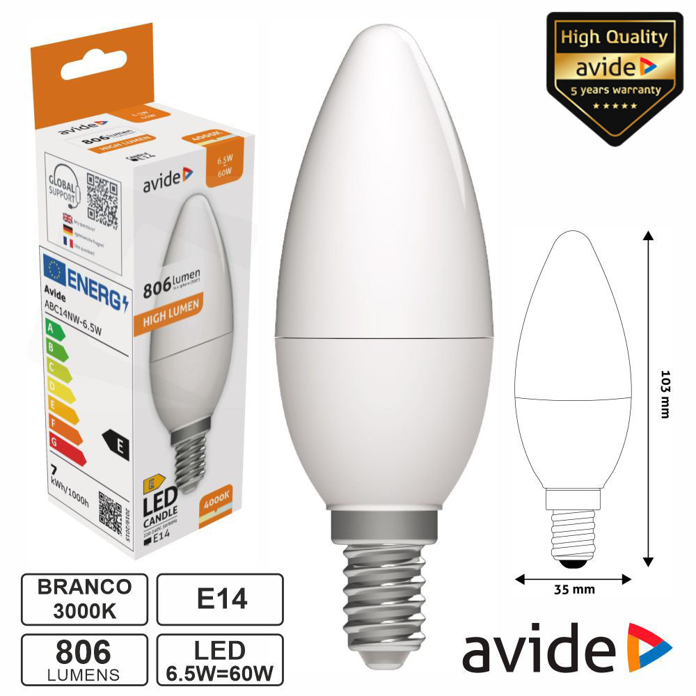 Lâmpada Led E14 Vela 6.5W 230V 4000K 806Lm Avide - Tauu.pt