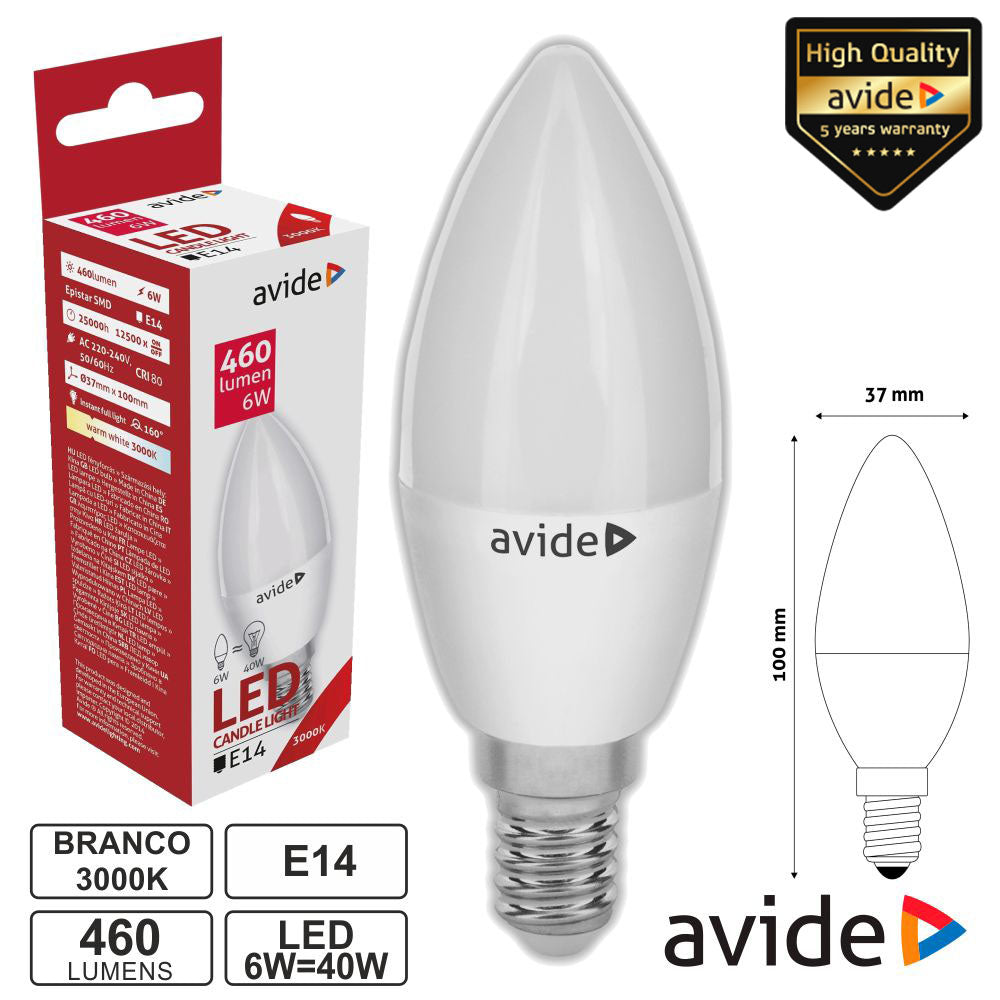Lâmpada Led E14 Vela 6W 230V 3000K 460Lm Avide - Tauu.pt