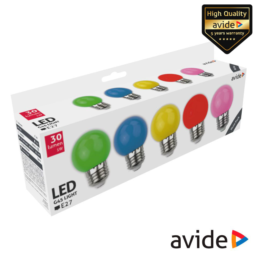 Conjunto 5 Lâmpadas E27 1W Led Globo G45 Cores 30Lm Avide - Tauu.pt