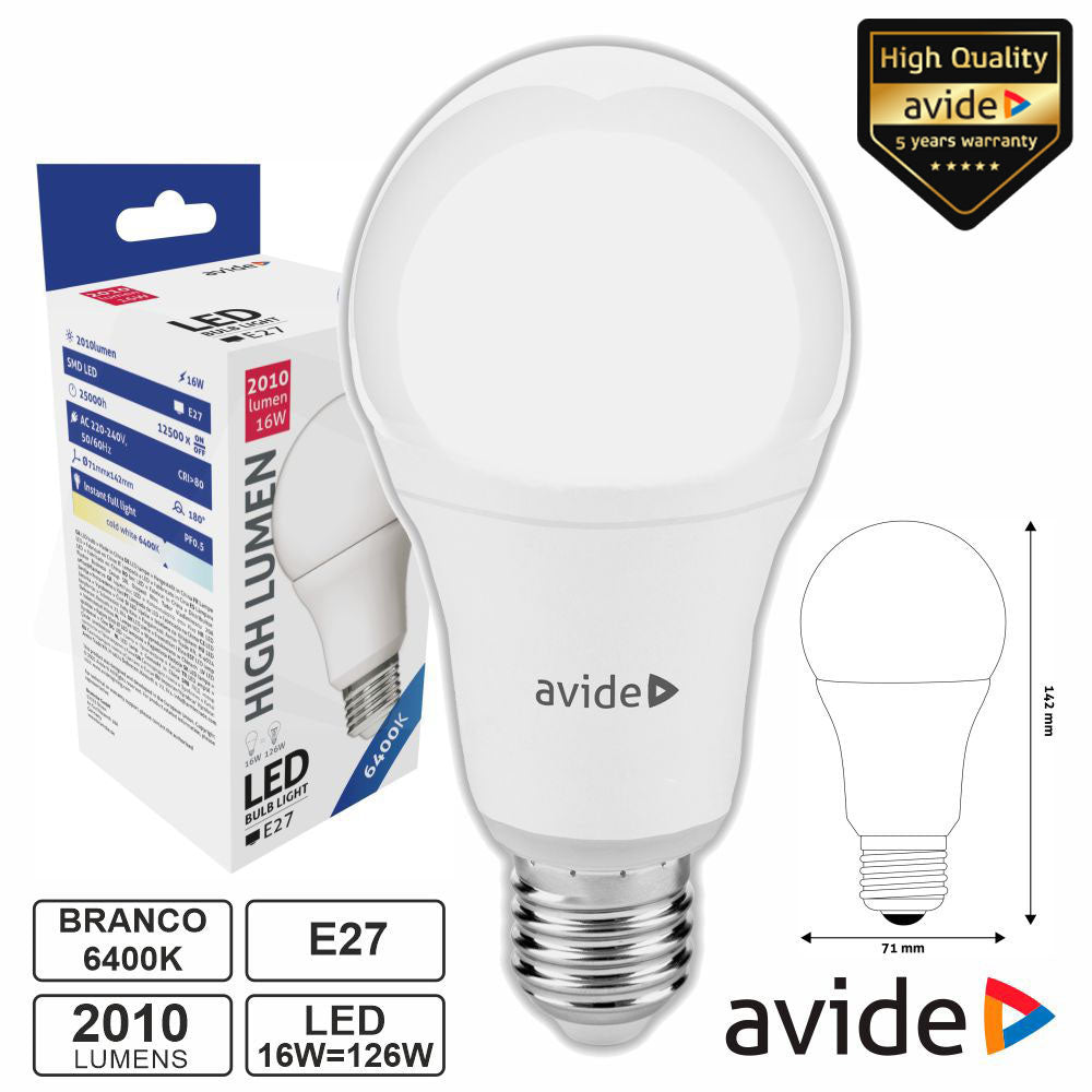 Lâmpada Led E27 Globo A70 16W 230V 6400K 2010Lm Avide - Tauu,pt