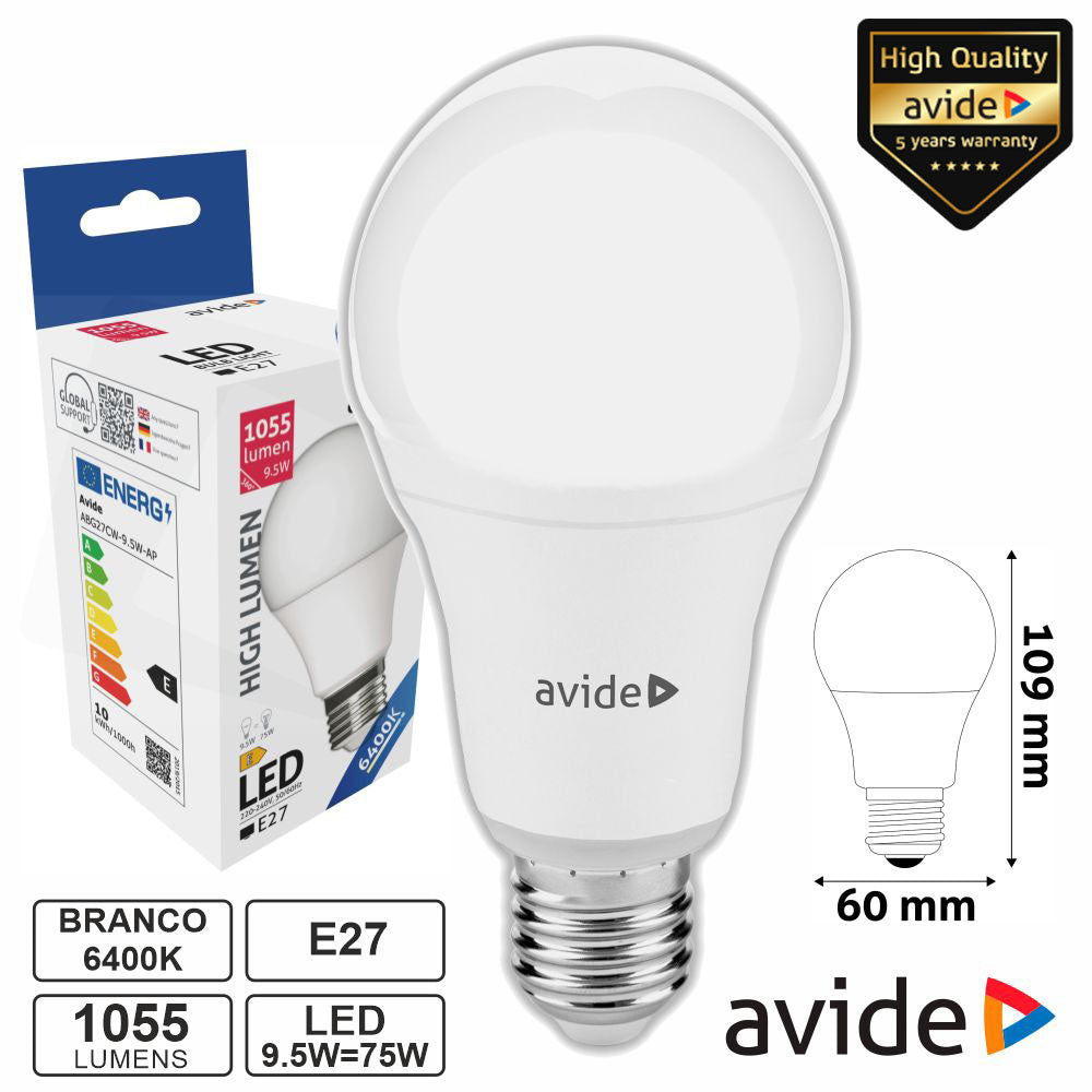 Lâmpada Led E27 Globo A60 9.5W 230V 6400K 1055Lm Avide - Tauu.pt
