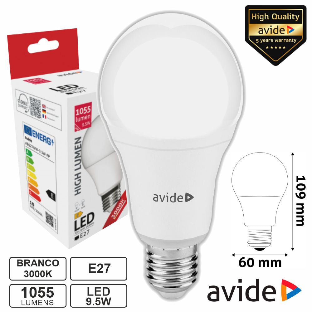 Lâmpada Led E27 Globo A60 9,5W 230V 3000K 1055Lm Avide - Tauu,pt