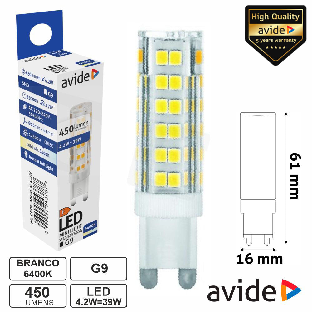 Lâmpada Led G9 4,2W 230V 6400K 450Lm Avide - Tauu,pt