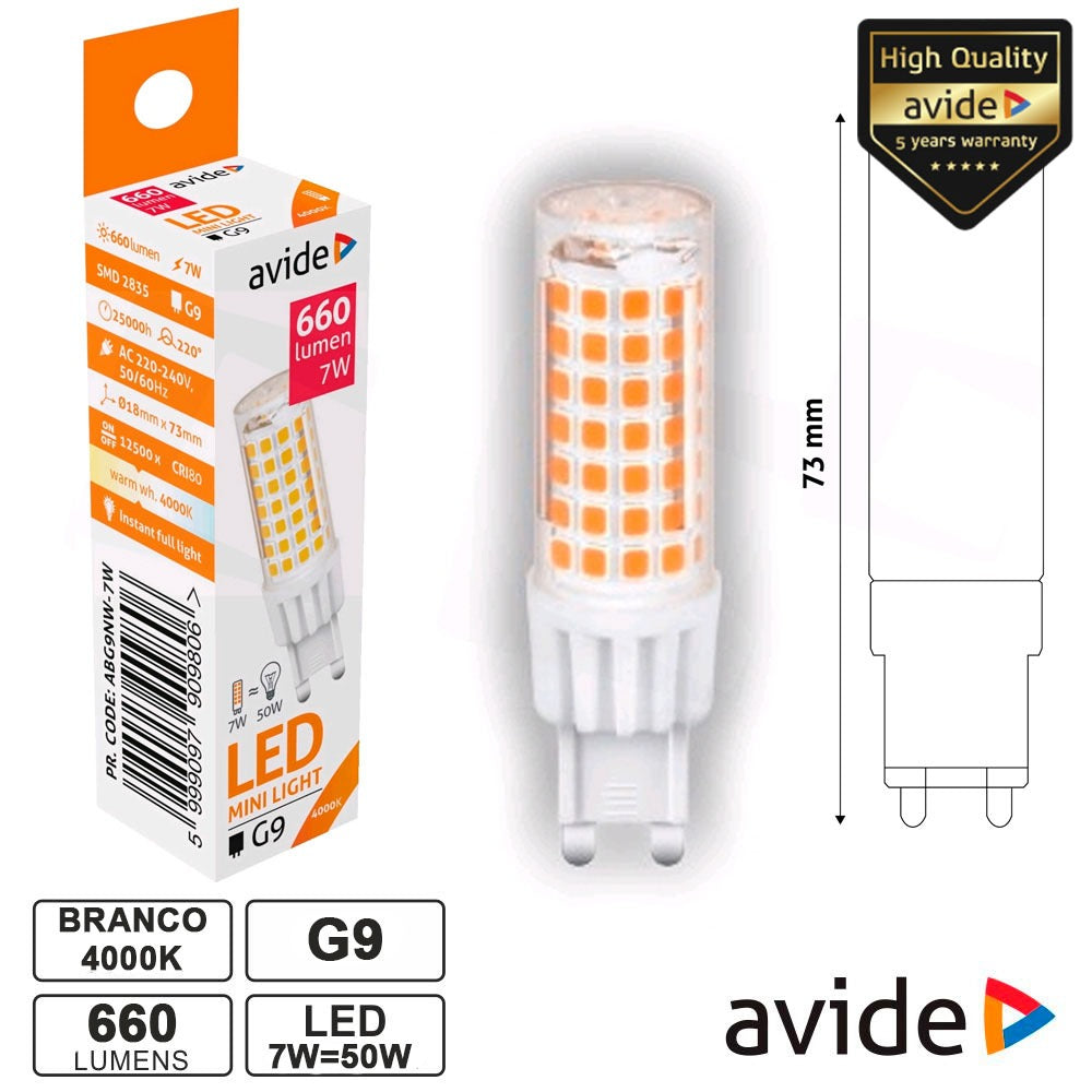 Lâmpada Led G9 7W 230V 4000K 660Lm Avide - Tauu.pt