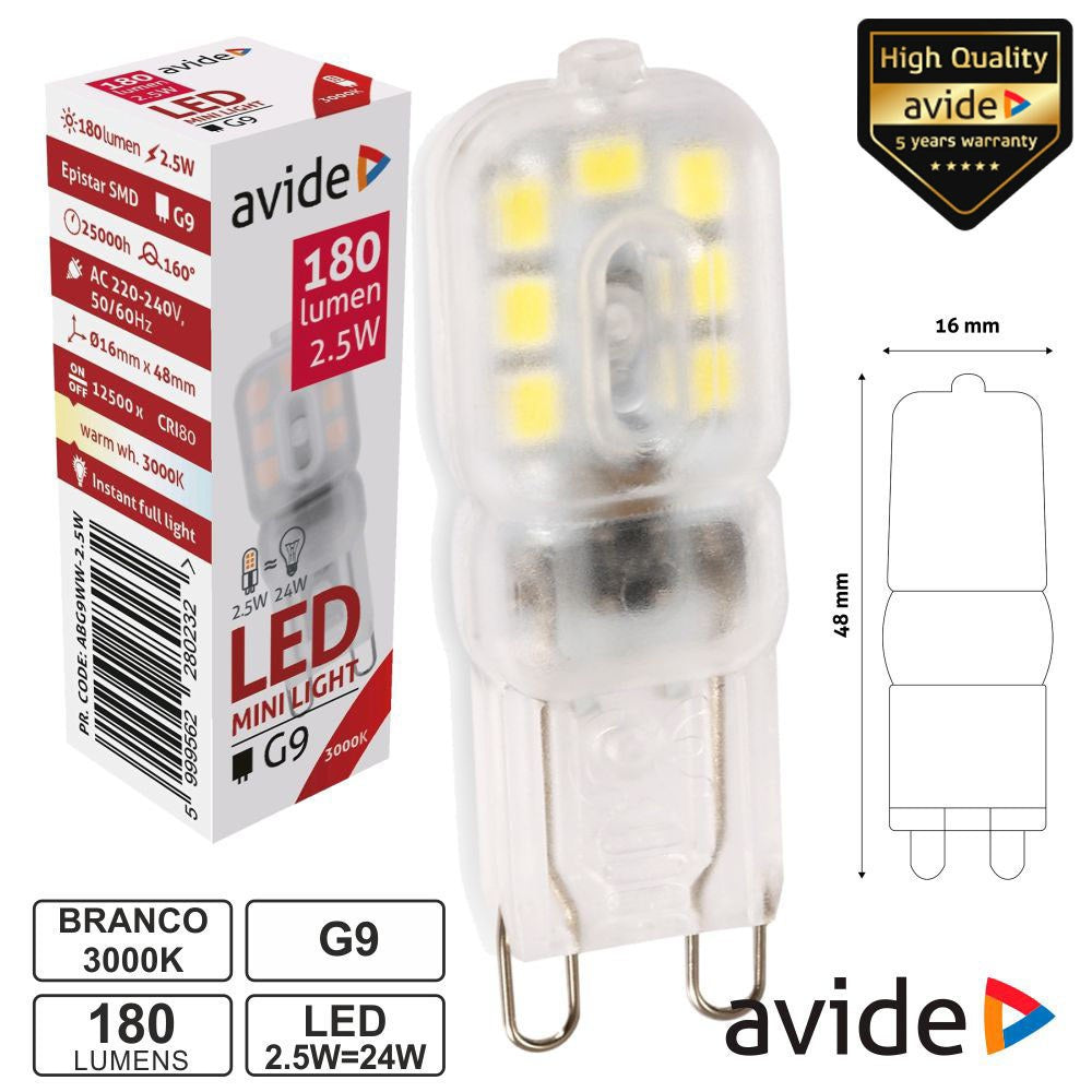 Lâmpada Led G9 2.5W 230V 3000K 180Lm Avide - Tauu.pt