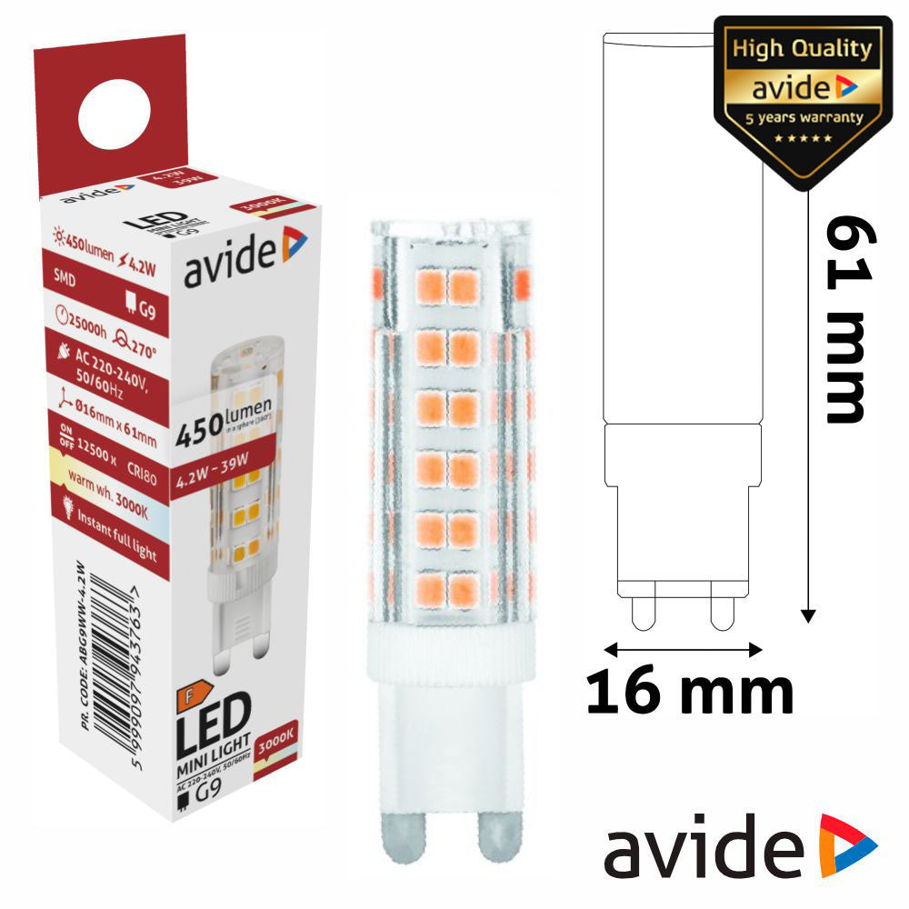 Lâmpada Led G9 4,2W 230V 3000K 450Lm Avide - Tauu,pt