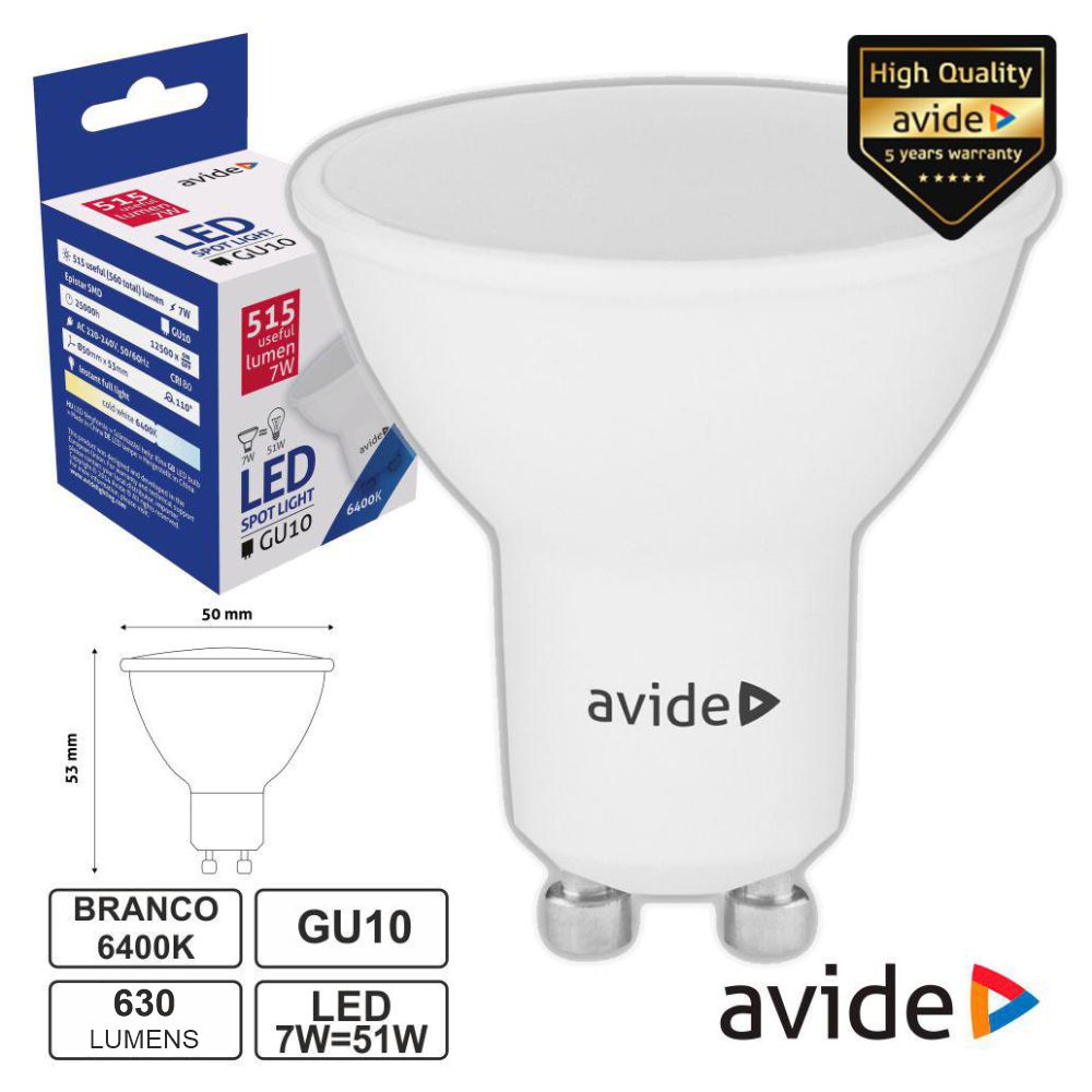 Lâmpada Led Gu10 Spot 7W 230V 6400K 515Lm Avide - Tauu,pt
