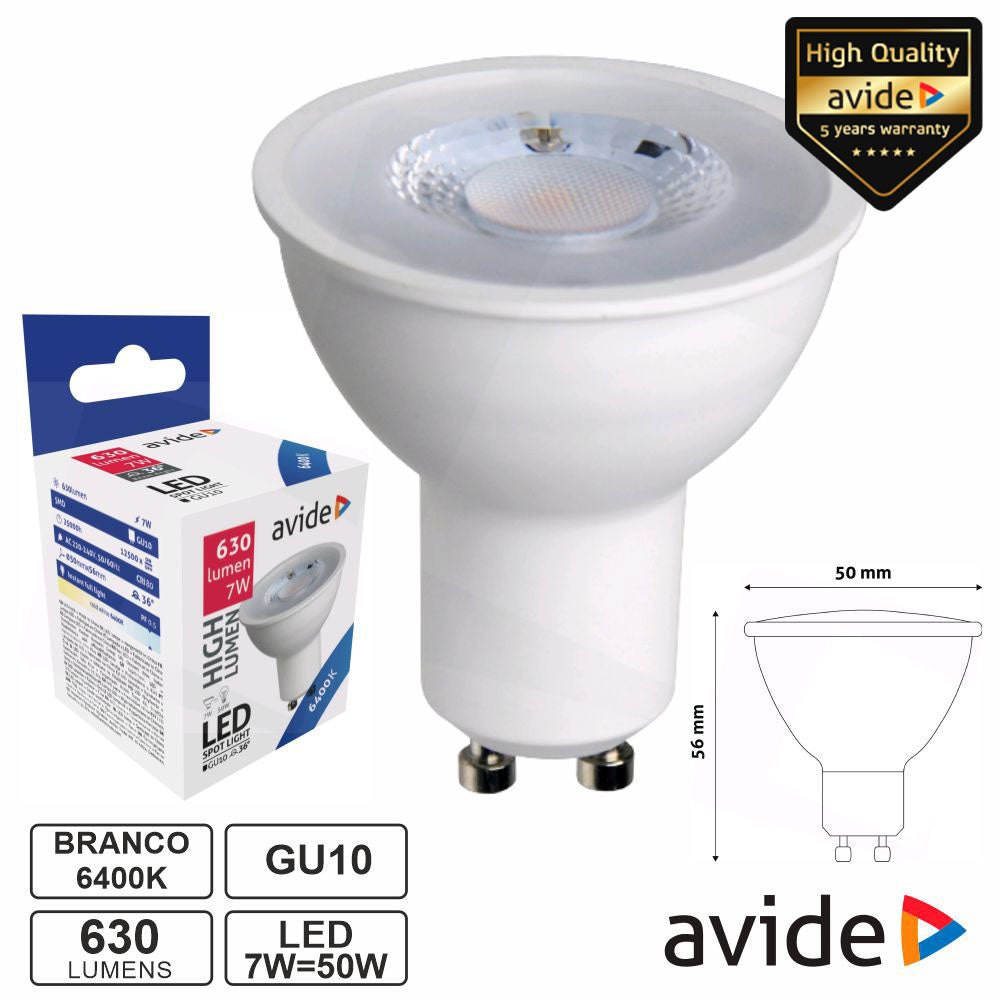 Lâmpada Led Gu10 Spot 36º 7W 230V 6400K 630Lm Avide - Tauu,pt