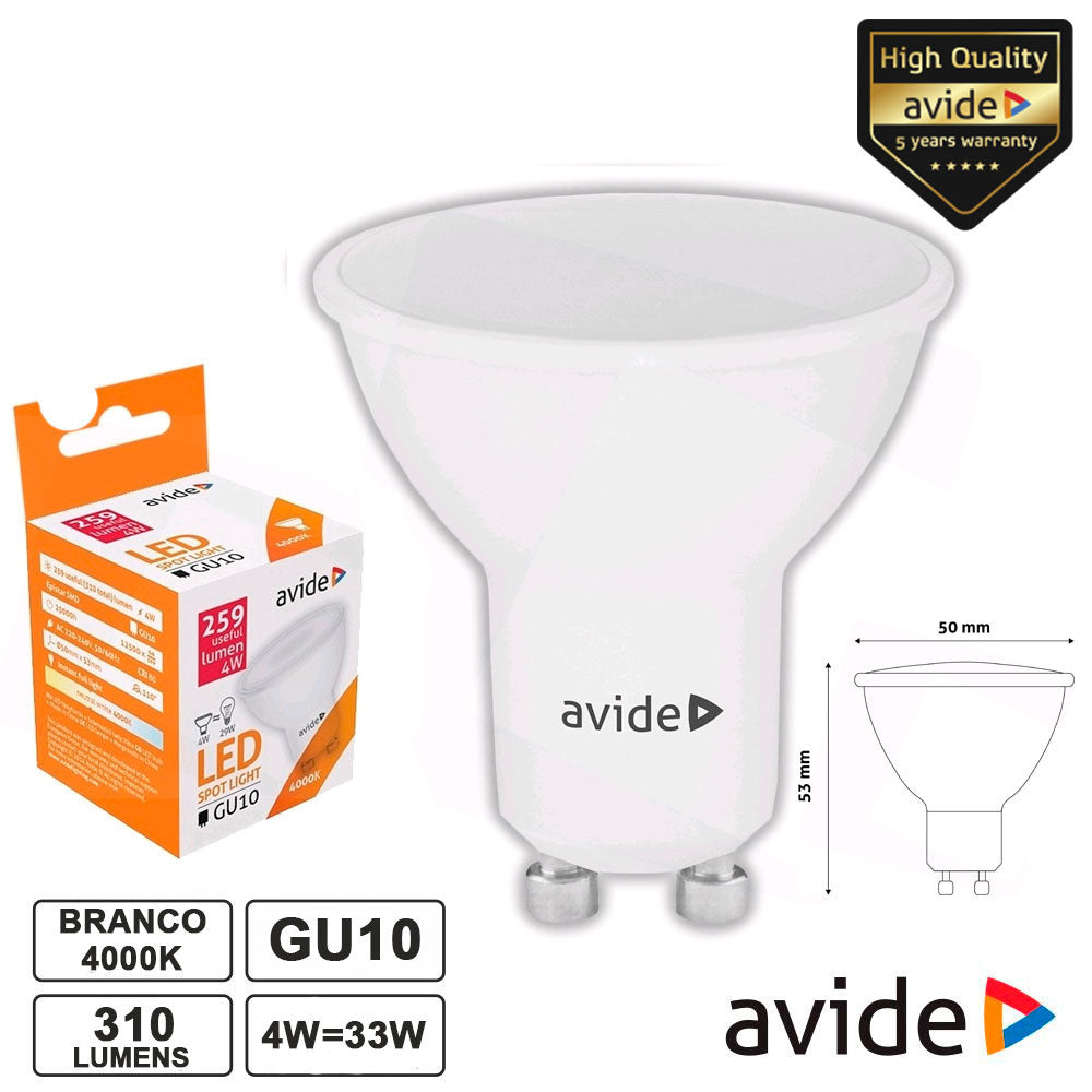 Lâmpada Led Gu10 Spot 4W 230V 4000K 310Lm Avide - Tauu,pt