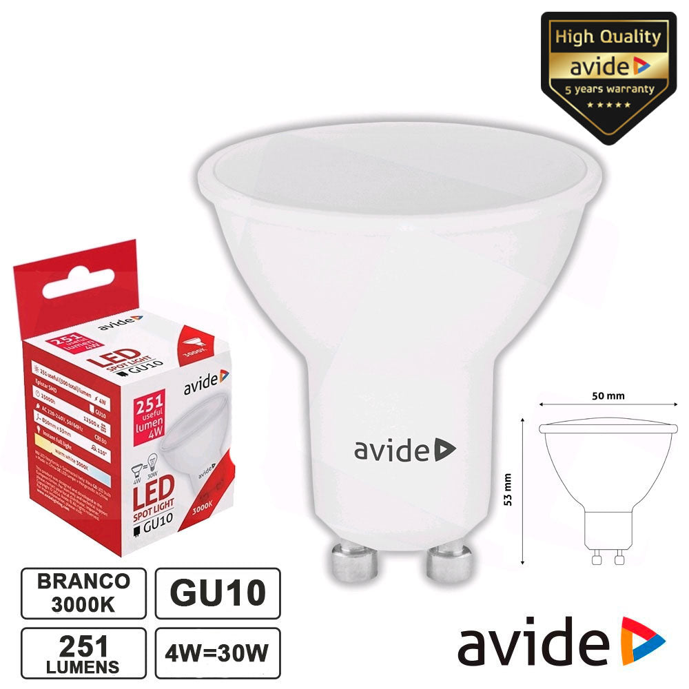 Lâmpada Led Gu10 Spot 4W 230V 3000K 251Lm Avide - Tauu,pt