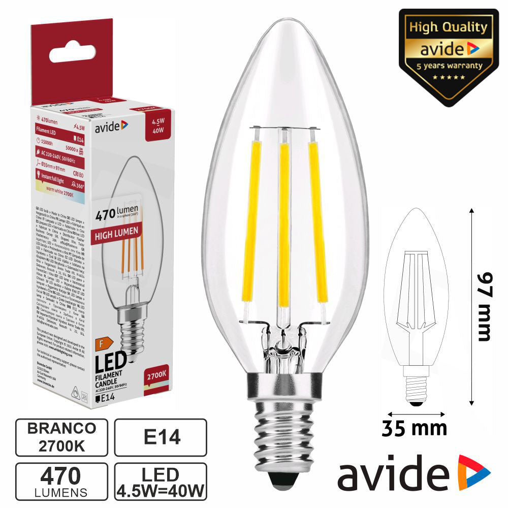 Lâmpada Led E14 Vela Filamento 4,5W 230V 2700K 470Lm Avide - Tauu,pt
