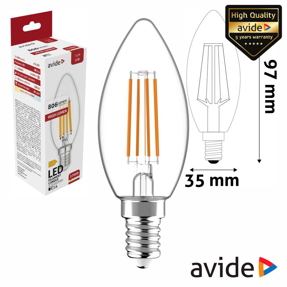 Lâmpada Led E14 Vela Filamento 6,5W 230V 3000K 806Lm Avide - Tauu,pt