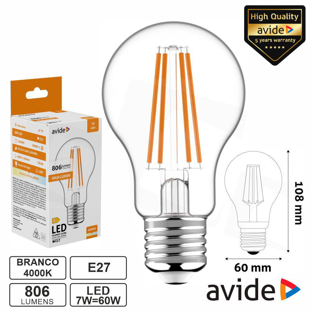 Lâmpada Led E27 Globo Filamento 7W 230V 4000K 806Lm Avide - Tauu,pt