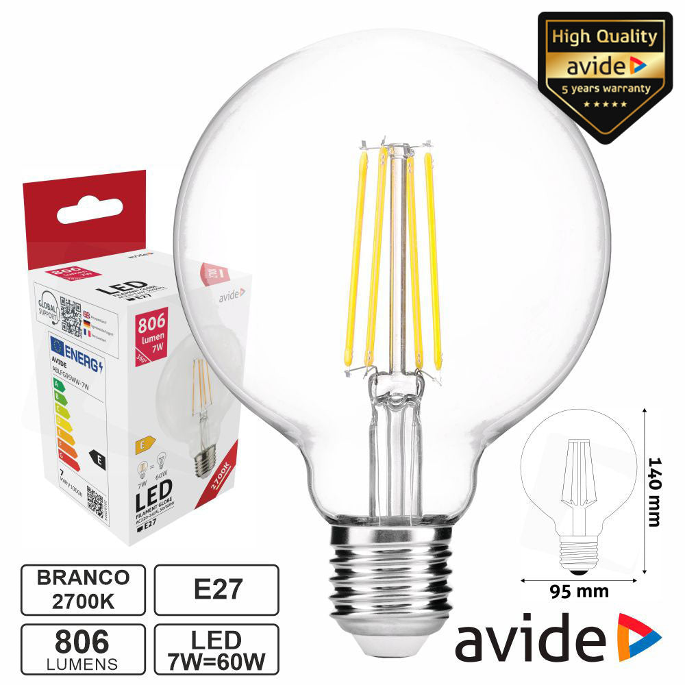 Lâmpada Led E27 Globo Filamento 7W 230V 2700K 806Lm Avide - Tauu.pt