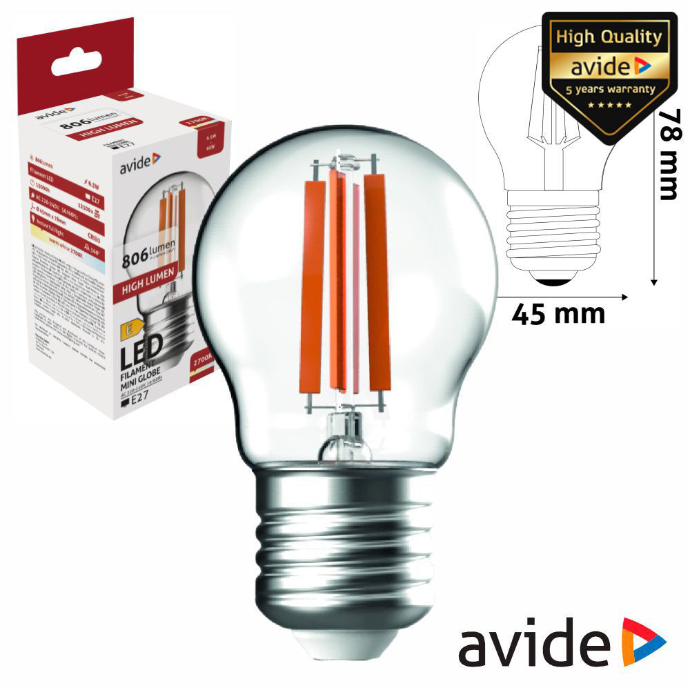 Lâmpada Led E27 Globo Filamento 6,5W 230V 3000K 806Lm Avide - Tauu,pt