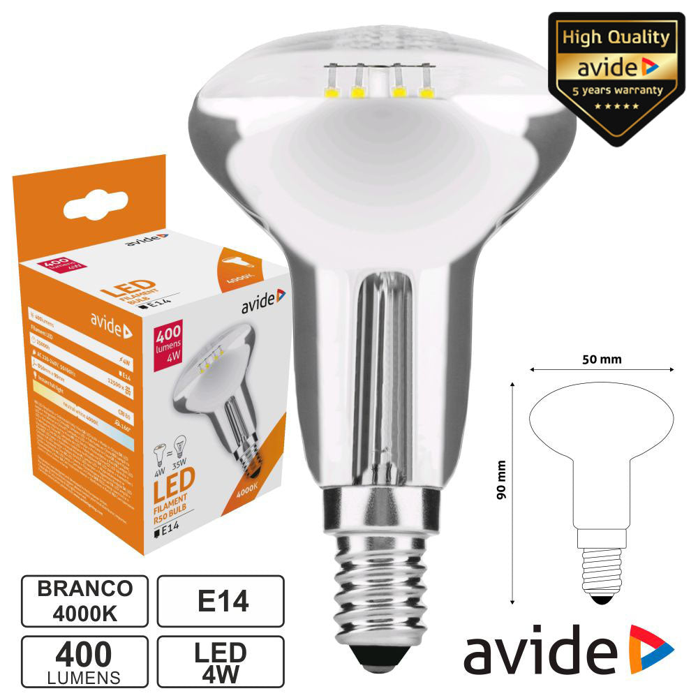 Lâmpada Led E14 R50 Filamento 4W 230V 4000K 400Lm Avide - Tauu,pt