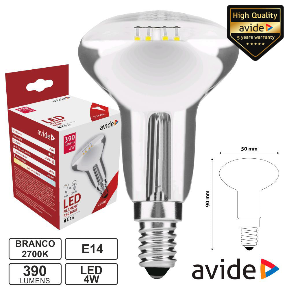 Lâmpada Led E14 R50 Filamento 4W 230V 2700K 390Lm Avide - Tauu.pt
