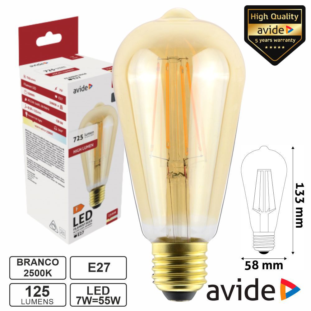 Lâmpada Led E27 Dimável Filamento 7W 230V 2500K 725Lm Avide - Tauu,pt
