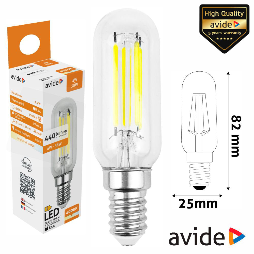 Lâmpada Led E14 T25 Filamento 4W 230V 4000K 440Lm Avide - Tauu,pt