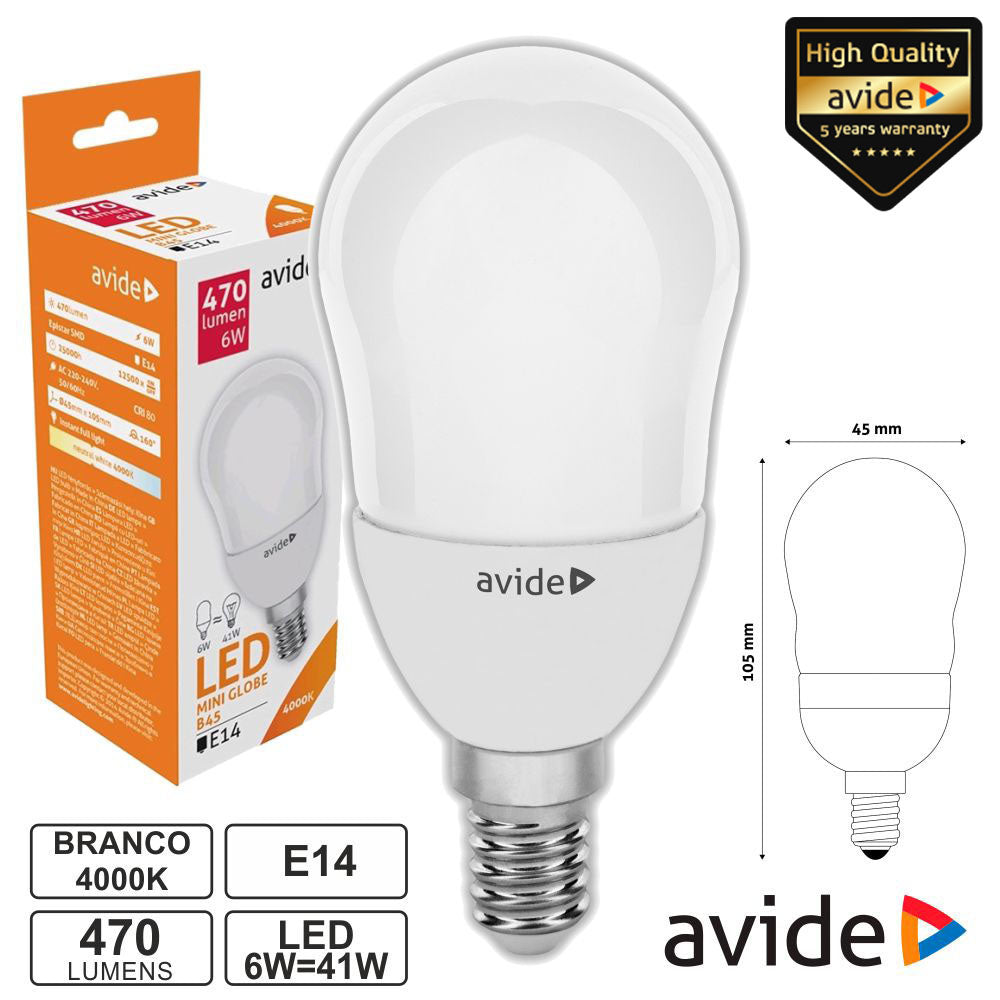 Lâmpada Led E14 Globo B45 6W 230V 4000K 470Lm Avide - Tauu,pt