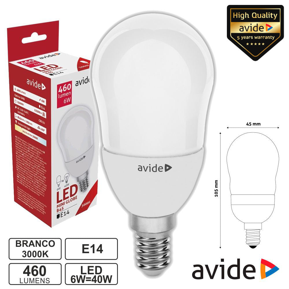 Lâmpada Led E14 Globo B45 6W 230V 3000K 460Lm Avide - Tauu,pt