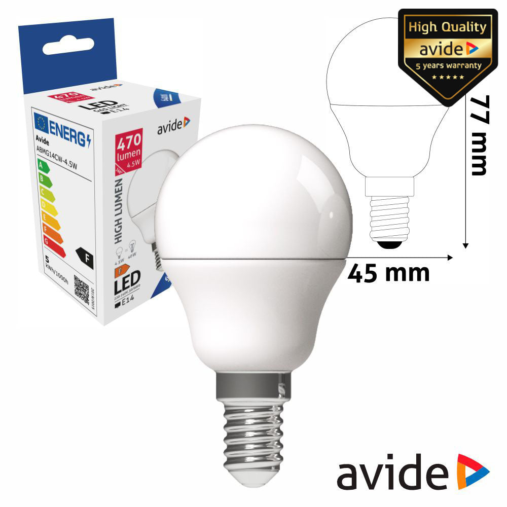 Lâmpada Led E14 Globo G45 4.5W 230V 6400K 470Lm Avide - Tauu.pt