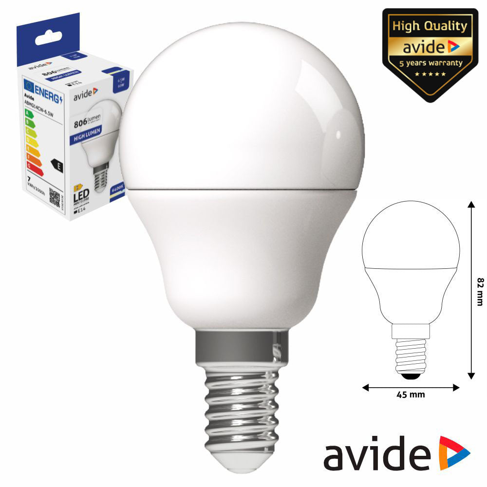 Lâmpada Led E14 Globo G45 6.5W 230V 6400K 806Lm Avide - Tauu.pt