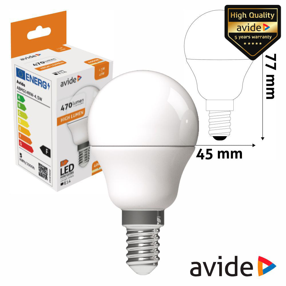 Lâmpada Led E14 Globo G45 4,5W 230V 4000K 470Lm Avide - Tauu,pt