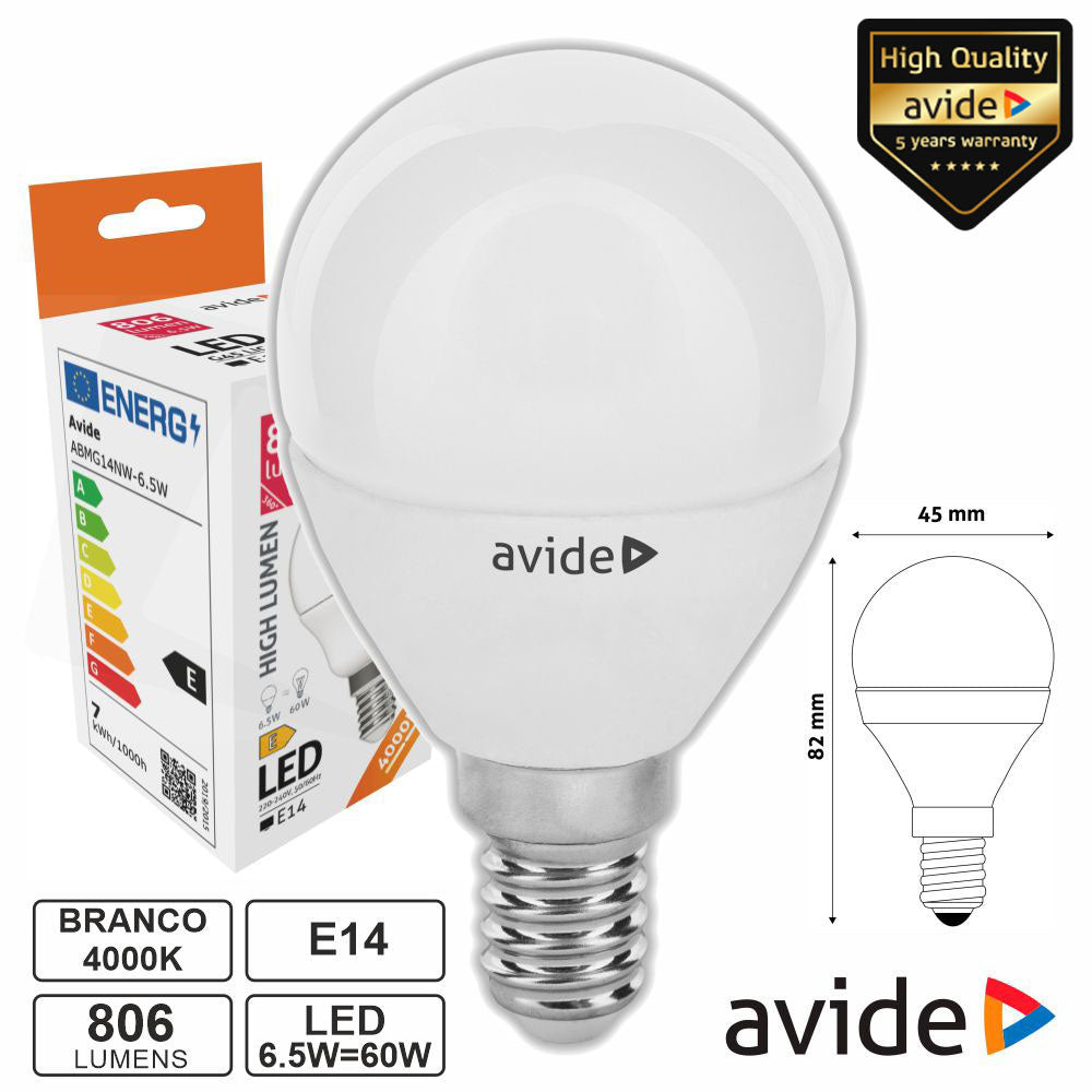 Lâmpada Led E14 Globo G45 6,5W 230V 4000K 806Lm Avide - Tauu,pt