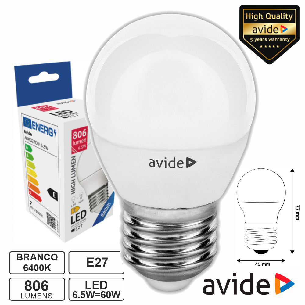 Lâmpada Led E27 Globo G45 6,5W 230V 6400K 806Lm Avide - Tauu,pt