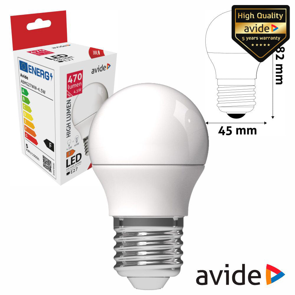 Lâmpada Led E27 Globo G45 4,5W 230V 3000K 470Lm Avide - Tauu,pt