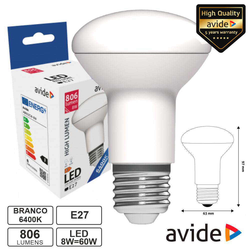Lâmpada Led E27 R63 8W 230V 6400K 806Lm Avide - Tauu,pt