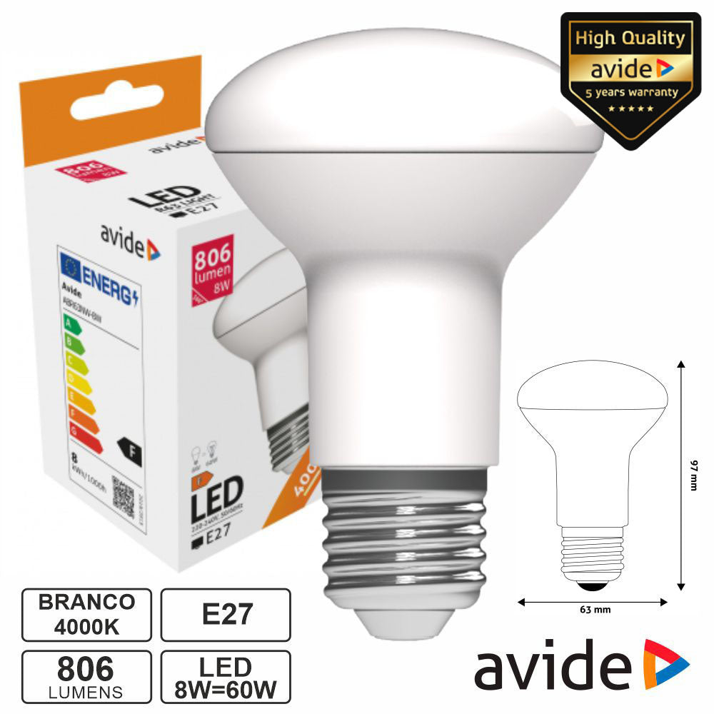 Lâmpada Led E27 R63 8W 230V 4000K 806Lm Avide - Tauu,pt