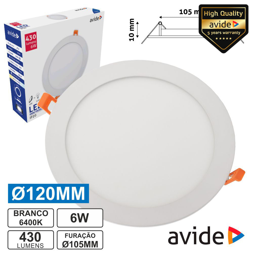 Painel Leds Redondo 6W 120Mm 6400K 430Lm Avide - Tauu,pt