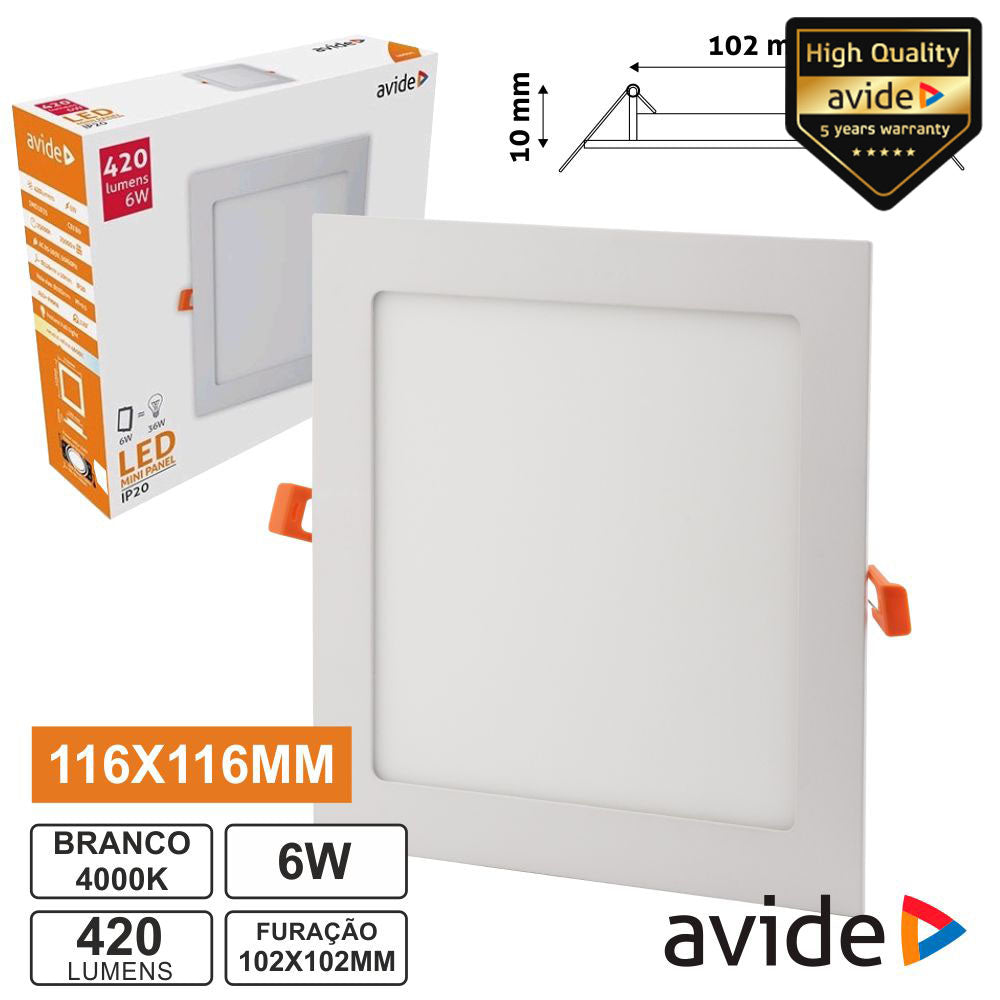 Painel Leds Quadrado 6W 116Mm 4000K 420Lm Avide - Tauu,pt