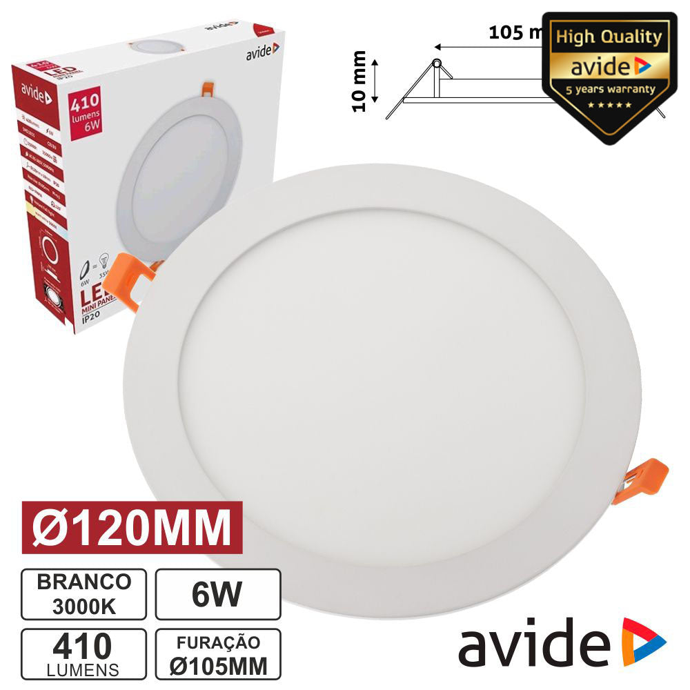 Painel Leds Redondo 6W 120Mm 3000K 410Lm Avide - Tauu,pt