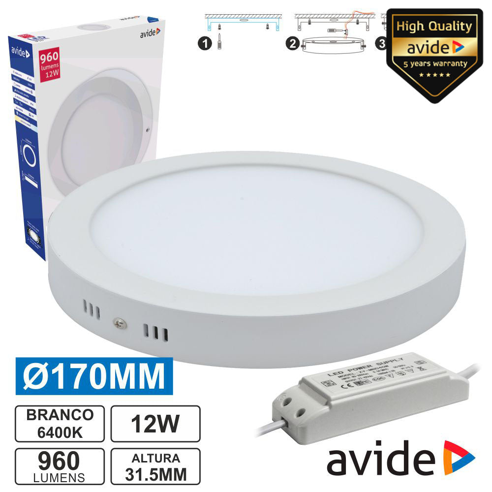Painel Leds Redondo Superfície 12W 170Mm 6400K 960Lm Avide - Tauu,pt