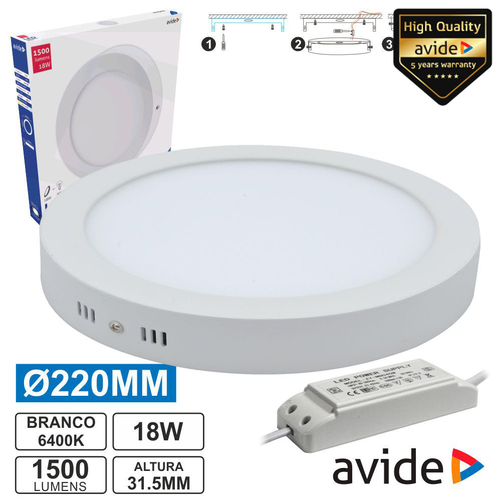 Painel Leds Redondo Superfície 18W 220Mm 6400K 1500Lm Avide - Tauu.pt